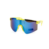 12 Pack: Kids Splatter Oversized Sports Shield Burnt Mirror Wholesale Sunglasses