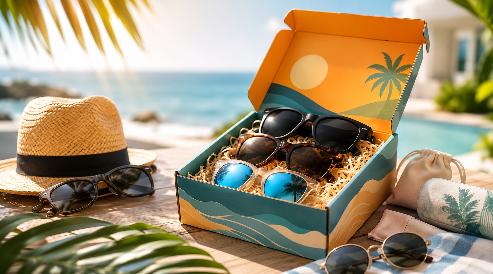 Summer themed sunglasses subscription box filled with stylish eyewear displayed beside a beach hat and accessories, showcasing a curated eyewear subscription experience.