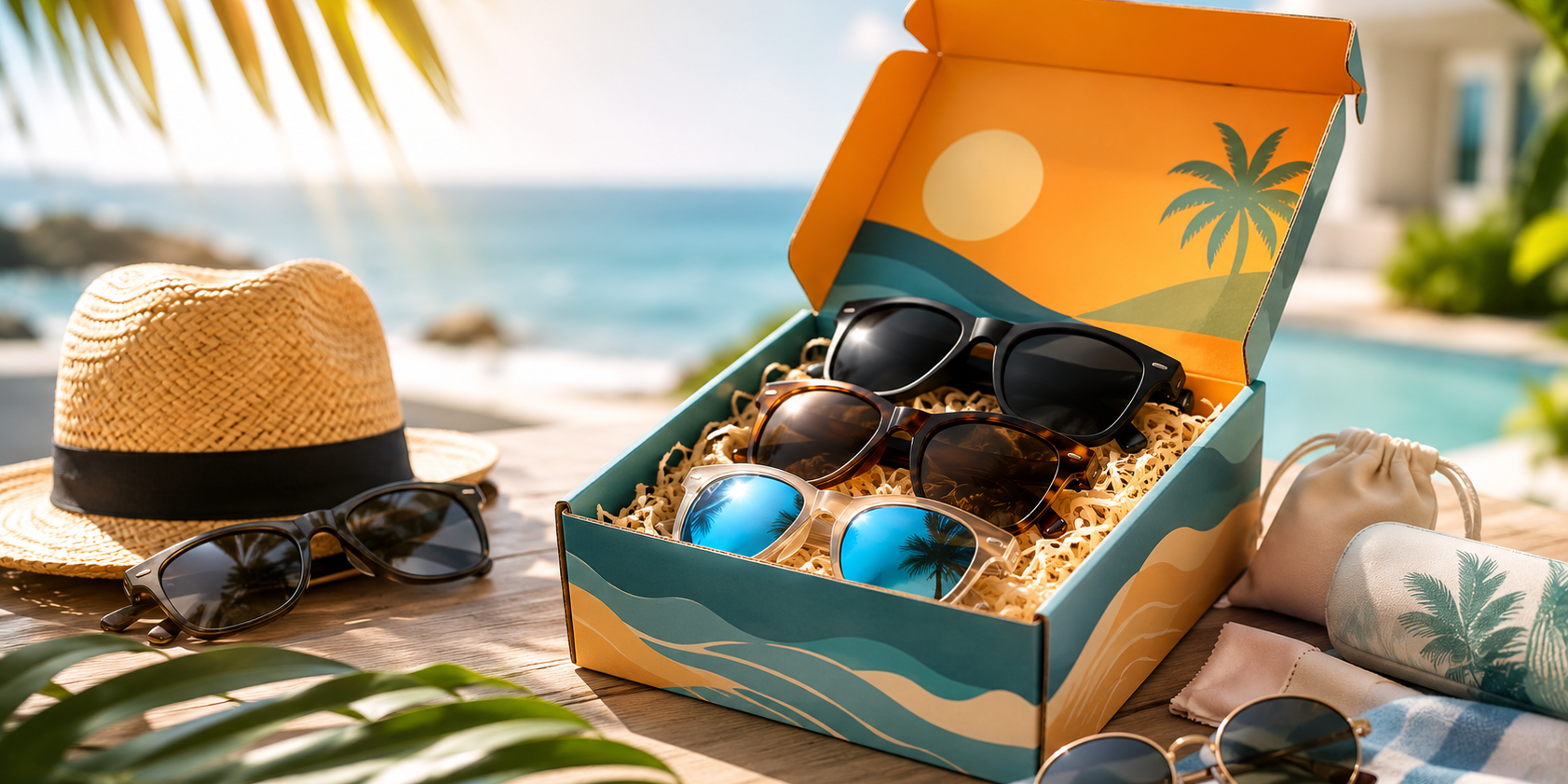 Summer themed sunglasses subscription box filled with stylish eyewear displayed beside a beach hat and accessories, showcasing a curated eyewear subscription experience.