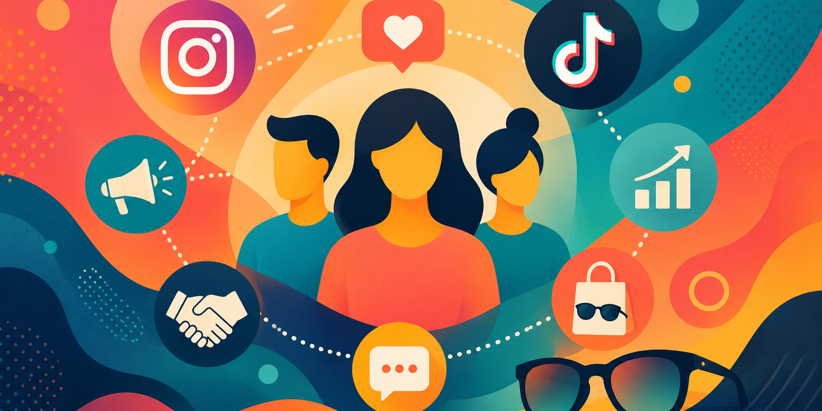 Colorful influencer marketing illustration featuring social media icons, content creators, audience engagement, and sunglasses brand promotion.
