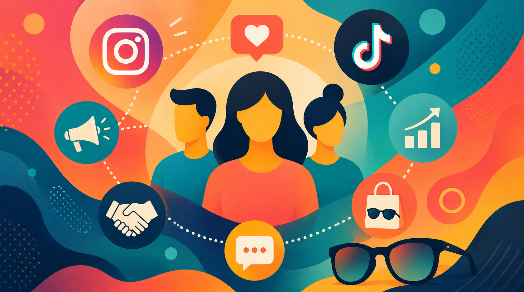 Colorful influencer marketing illustration featuring social media icons, content creators, audience engagement, and sunglasses brand promotion.