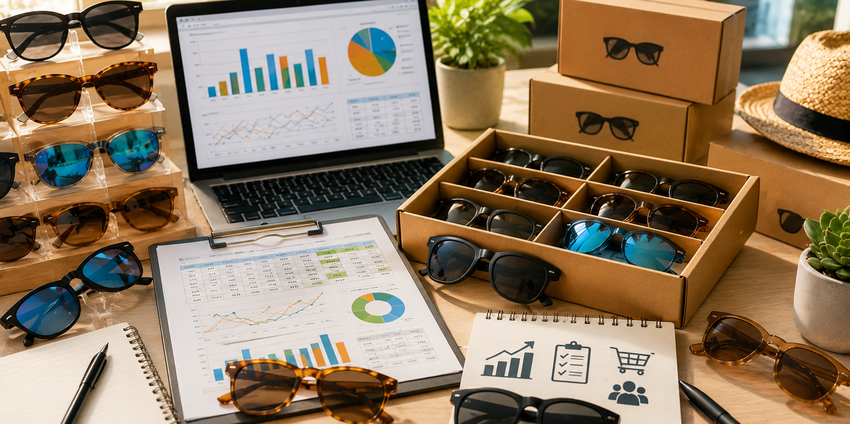 Wholesale sunglasses inventory displayed alongside sales reports and business analytics, illustrating retail profitability and merchandising strategy.