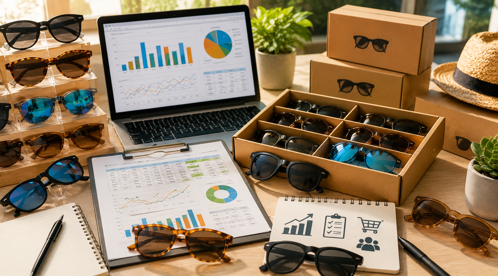 Wholesale sunglasses inventory displayed alongside sales reports and business analytics, illustrating retail profitability and merchandising strategy.
