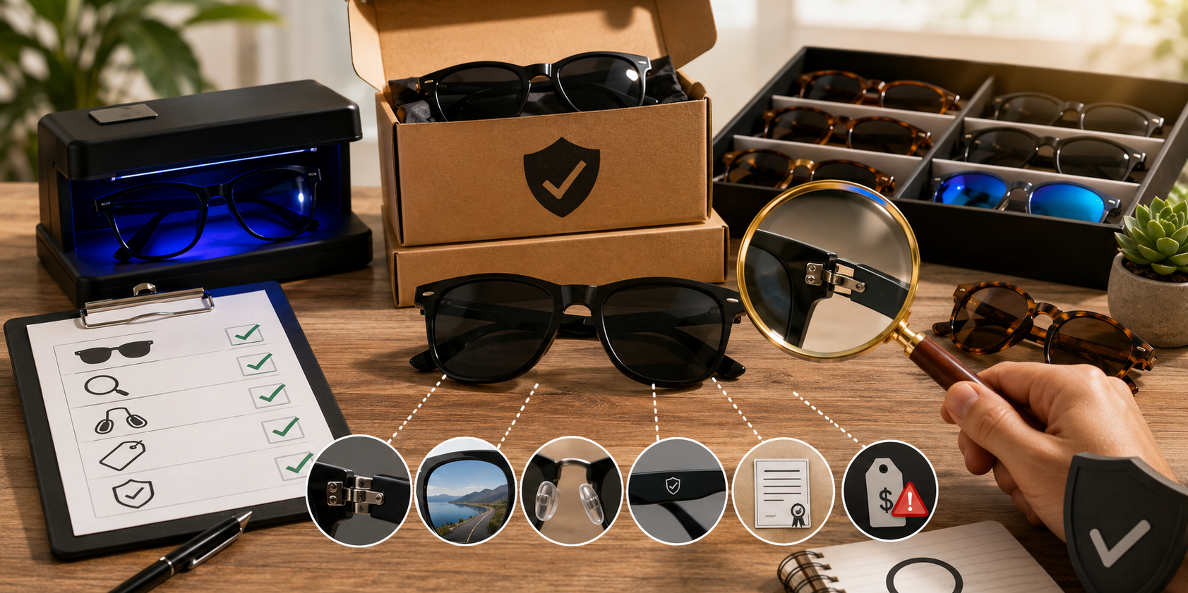 Quality control specialist inspecting sunglasses for authenticity and product standards during wholesale eyewear verification.
