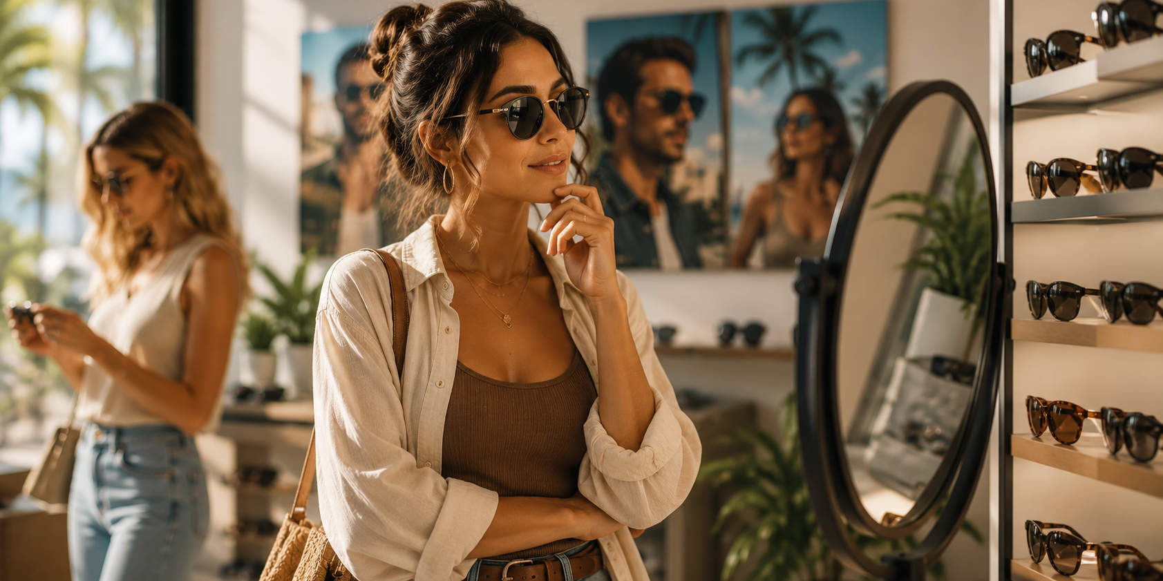 Shopper evaluating sunglasses in a retail store mirror while browsing fashionable eyewear styles and display selections.