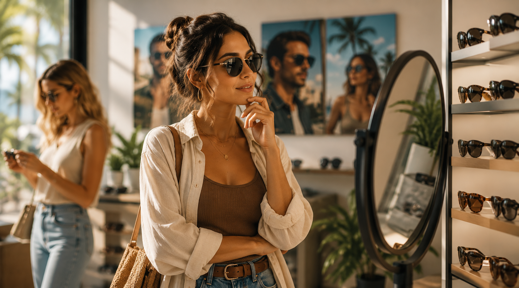 Shopper evaluating sunglasses in a retail store mirror while browsing fashionable eyewear styles and display selections.