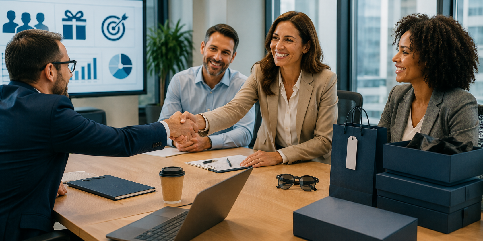Business professionals discussing workplace eyewear solutions and employee wellness programs featuring blue light filtering glasses.