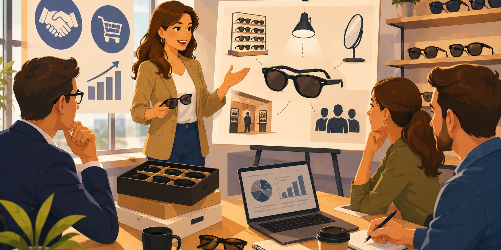 Illustrated business presentation about sunglasses retail strategy, customer targeting, and merchandising plans for eyewear sales growth.