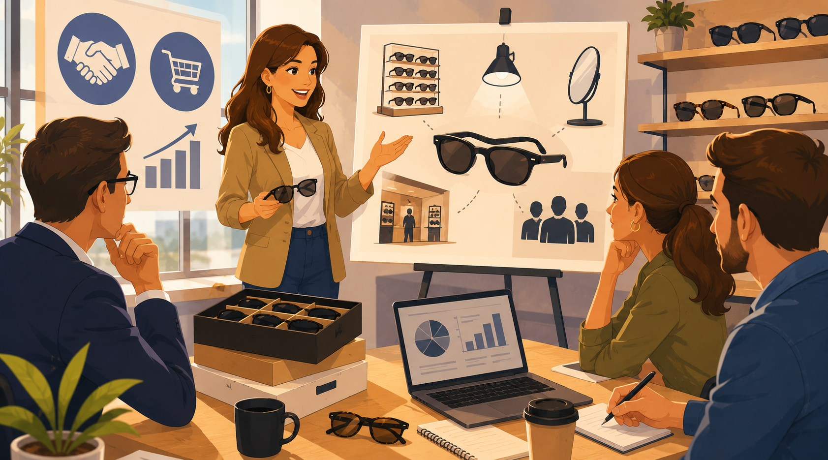 Illustrated business presentation about sunglasses retail strategy, customer targeting, and merchandising plans for eyewear sales growth.