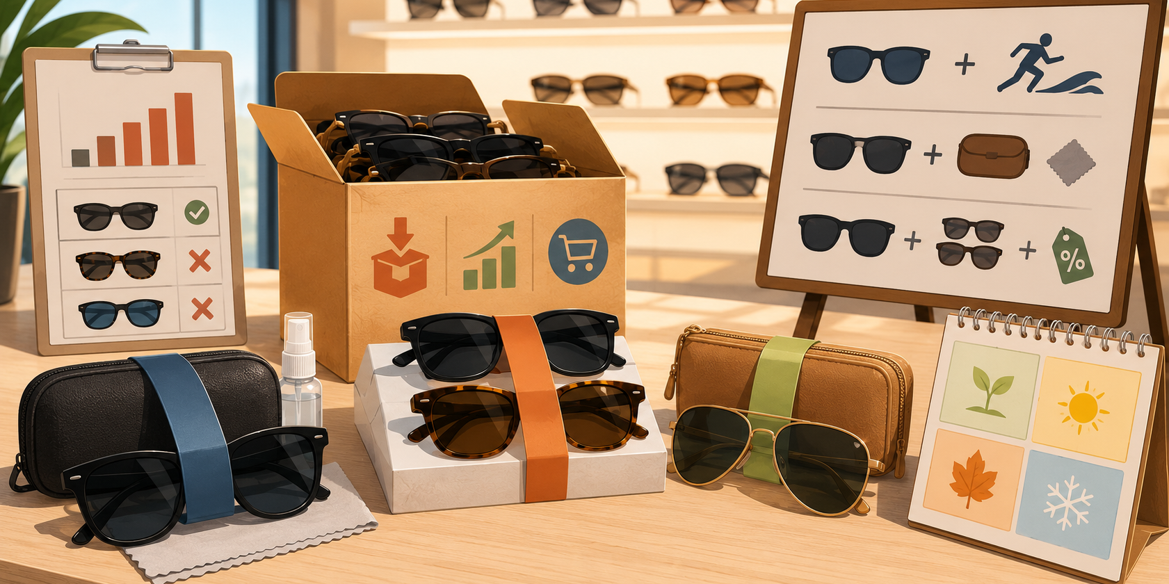 Retail merchandising illustration showing sunglasses used as a traffic driver to increase customer engagement and boost store sales.