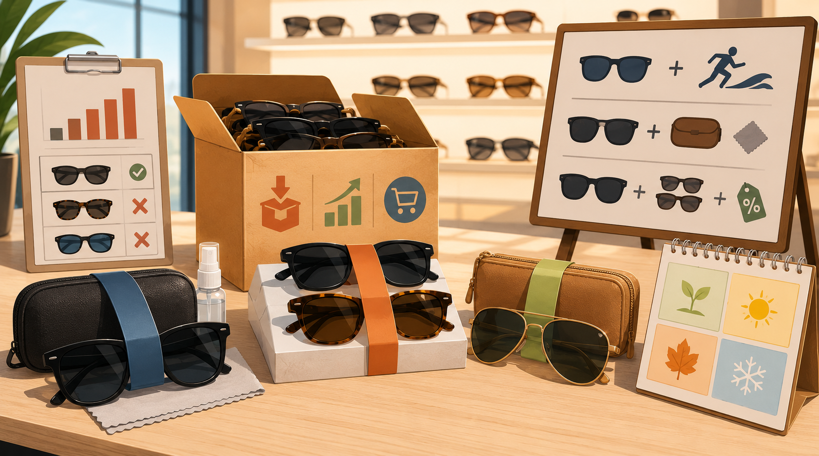 Retail merchandising illustration showing sunglasses used as a traffic driver to increase customer engagement and boost store sales.