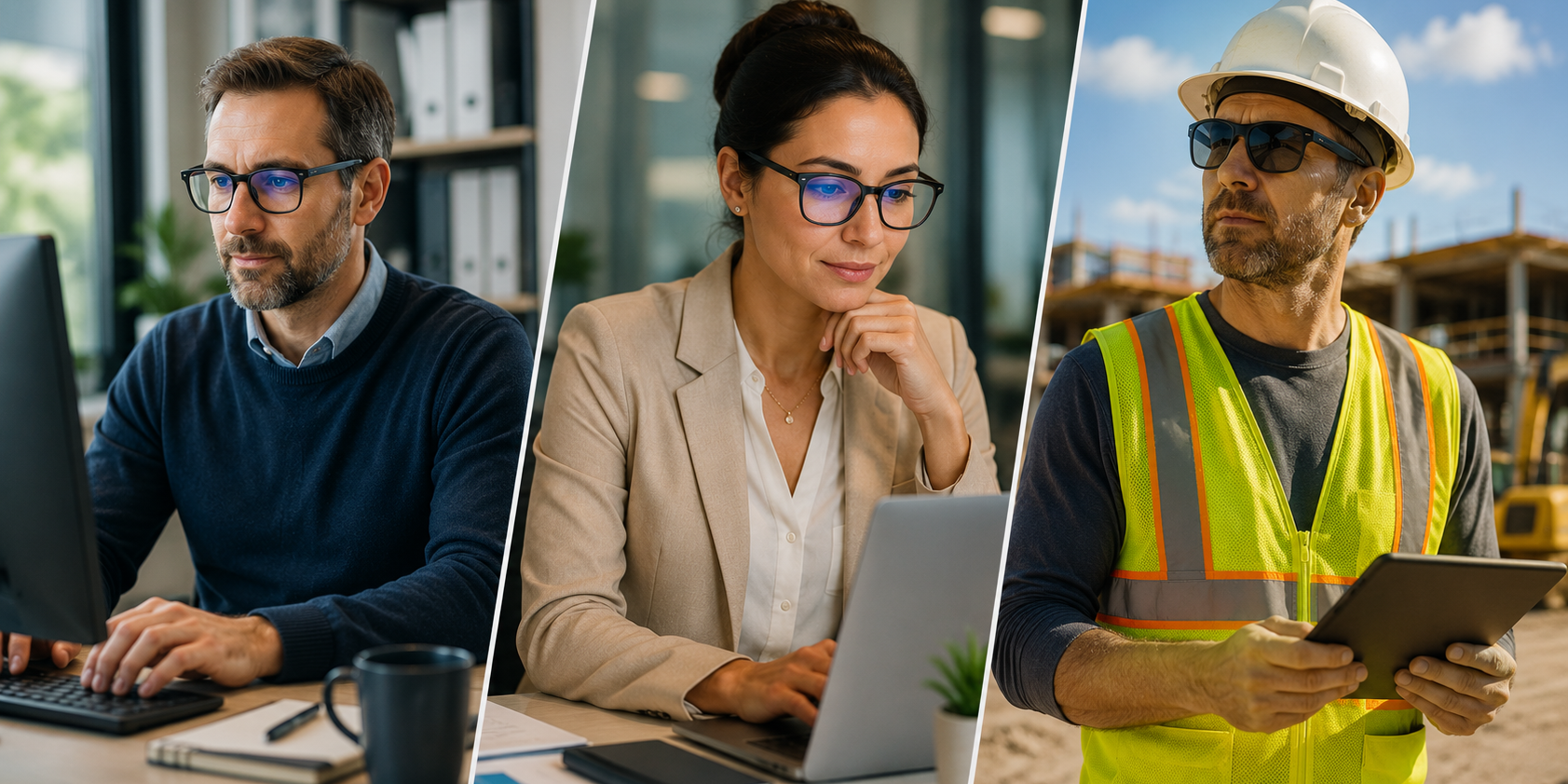 Workplace eyewear buyers including an office employee, construction worker, and outdoor professional wearing blue light and polarized glasses.