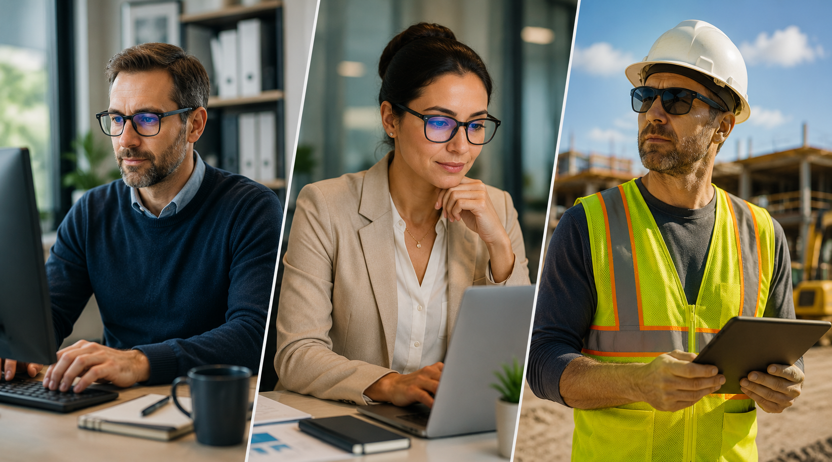 Workplace eyewear buyers including an office employee, construction worker, and outdoor professional wearing blue light and polarized glasses.