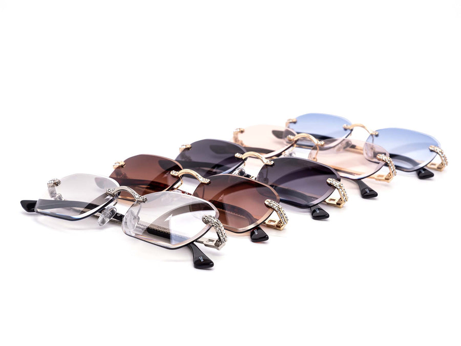 12 Pack: Rimless Miter-cut Rhinestone Metal Gradient Wholesale Sunglasses