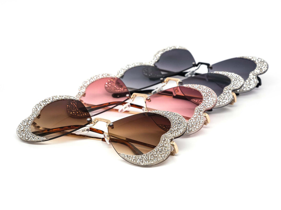12 Pack: Rimless Rhinestone Butterfly Heart Wholesale Sunglasses