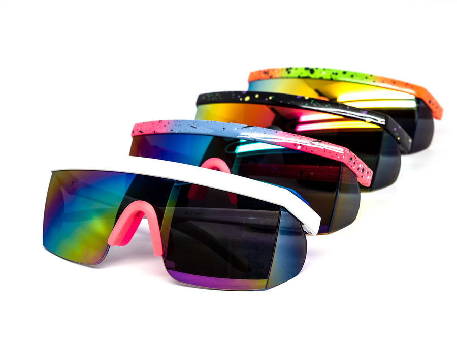 12 Pack: Flat-top Sports Shield Retro Splash Wholesale Sunglasses