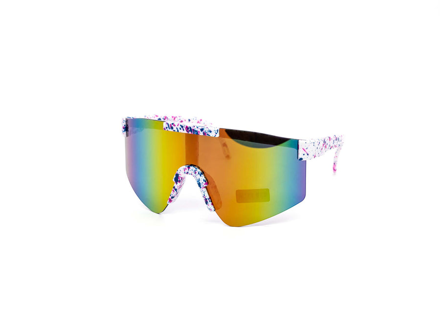12 Pack: Kids Splatter Oversized Sports Shield Burnt Mirror Wholesale Sunglasses