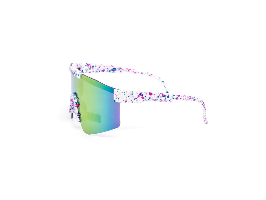 12 Pack: Kids Splatter Oversized Sports Shield Burnt Mirror Wholesale Sunglasses