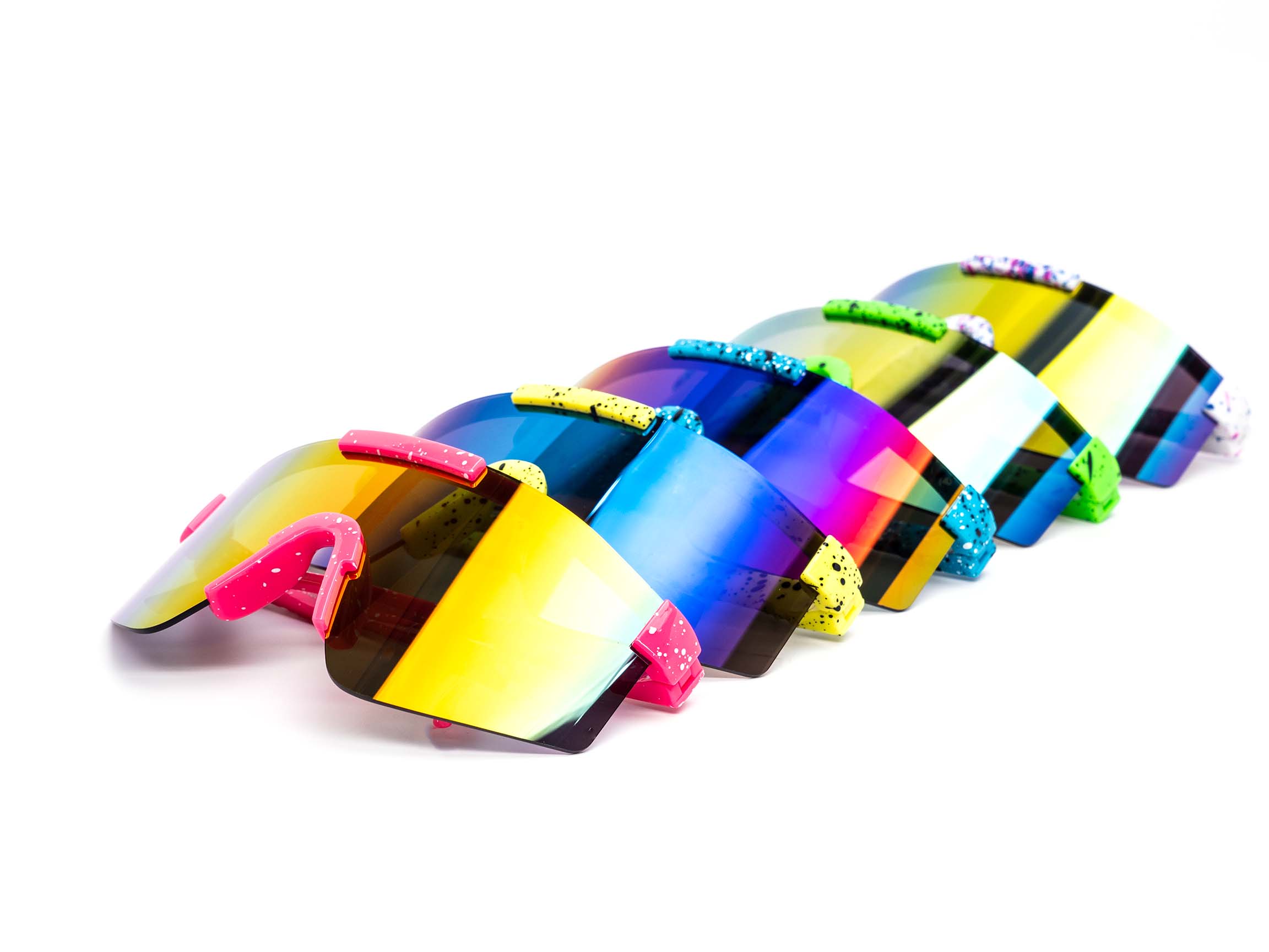 product photo of 12 Pack: Kids Splatter Oversized Sports Shield Burnt Mirror Wholesale Sunglasses Default Title